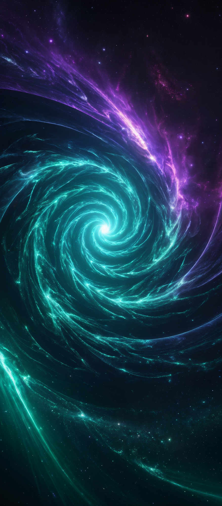 The image showcases a mesmerizing cosmic scene with swirling galaxies and nebulae. Dominating the center is a bright, spiraling galaxy emitting a radiant blue-green glow. Surrounding this central galaxy are vibrant hues of purple, pink, and blue, representing distant nebular formations and cosmic dust. The background is dotted with numerous stars, adding depth and dimension to the vastness of space.