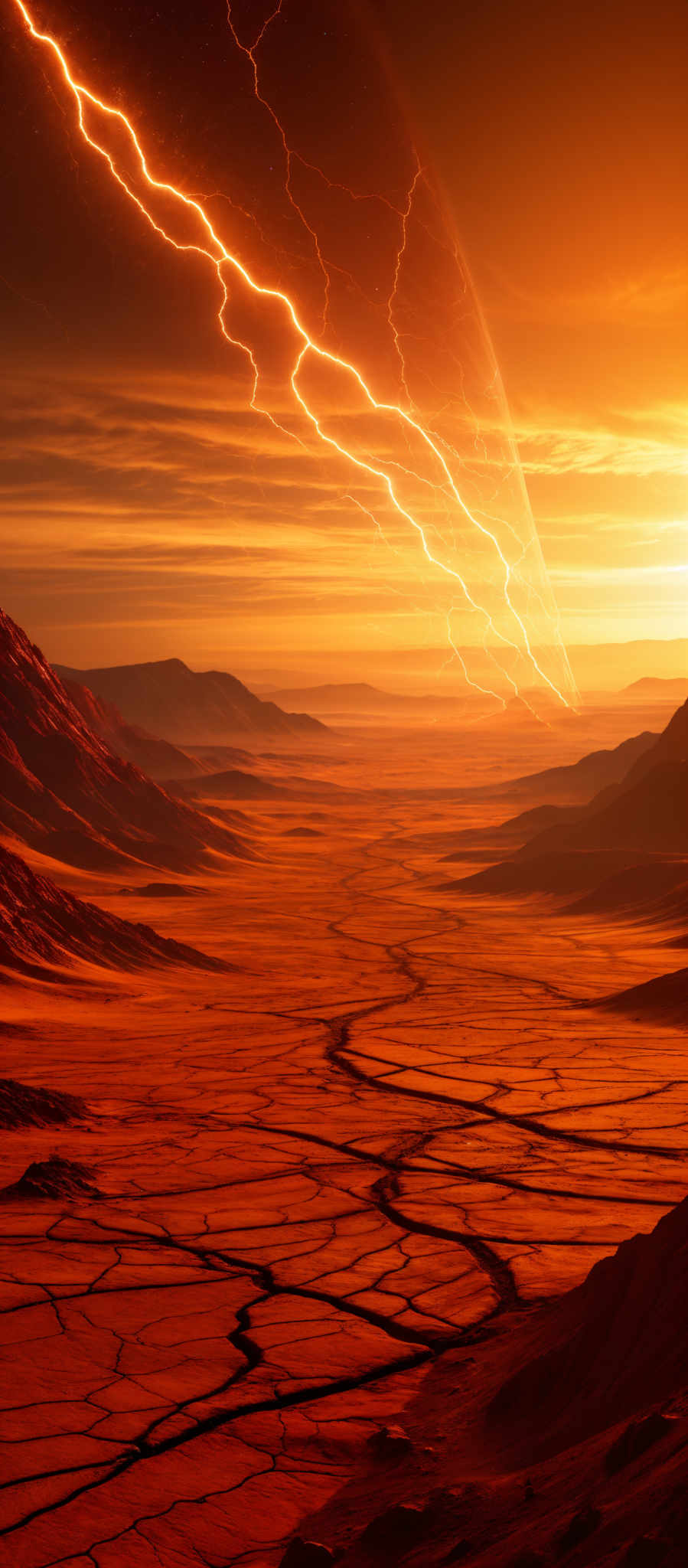 The image showcases a vast and barren landscape with cracked earth stretching out to the horizon. The ground is a deep reddish-brown, resembling dried mud or clay. The sky is dominated by a fiery orange hue, with dark clouds looming. A striking feature is a series of bright, jagged lightning bolts that streak across the sky, illuminating the scene with a brilliant glow. The horizon reveals a distant mountain range, and the overall atmosphere is one of intense drama and natural power.