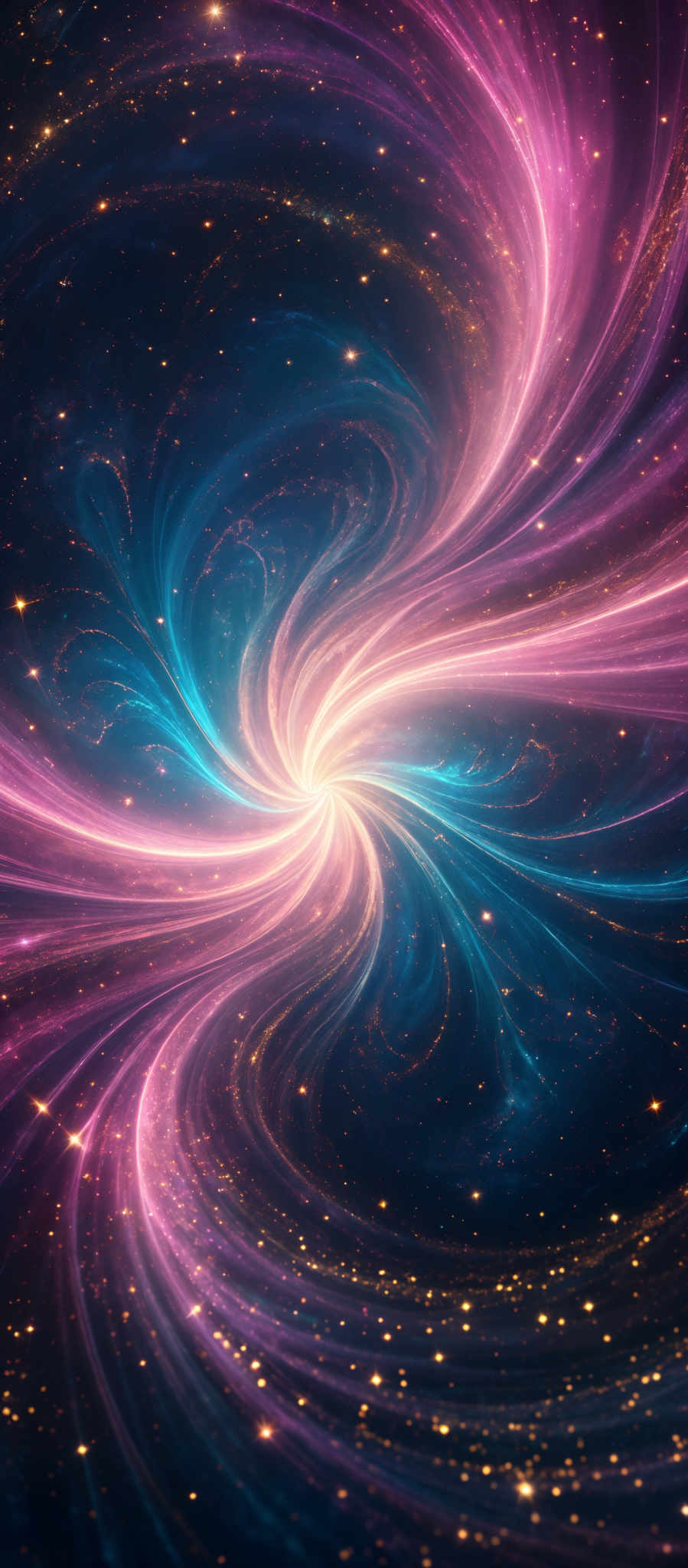 The image showcases a mesmerizing cosmic scene with swirling patterns of vibrant colors. Dominant colors include deep blues, radiant purples, and bright golden hues. The swirls appear to be spiraling galaxies or nebulae, with bright dots that could represent stars. The overall shape is reminiscent of a vortex or whirlpool, drawing everything into its center.