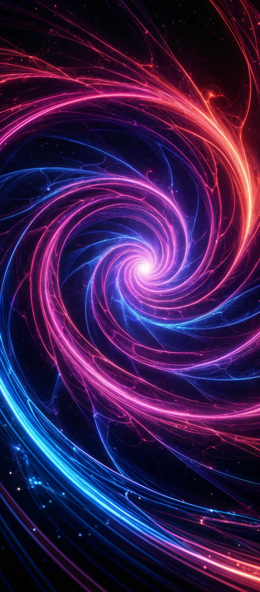 The image showcases a vibrant and mesmerizing swirl of colors. The dominant colors are shades of pink, blue, and red, which beautifully intertwine to form a spiral pattern. The swirl appears to be emanating from a central point, creating a dynamic and energetic effect. The background is dark, which accentuates the luminosity of the swirling patterns.