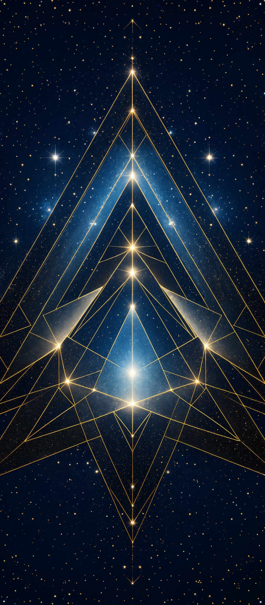 The image showcases a deep blue background filled with numerous stars. Overlaying this cosmic backdrop is a geometric design composed of golden lines forming triangles and other polygonal shapes. The design appears symmetrical and radiates outward, with the central triangle being the most prominent. The golden lines are illuminated, suggesting they might be reflecting or emitting light, adding a sense of depth and dimension to the overall composition.