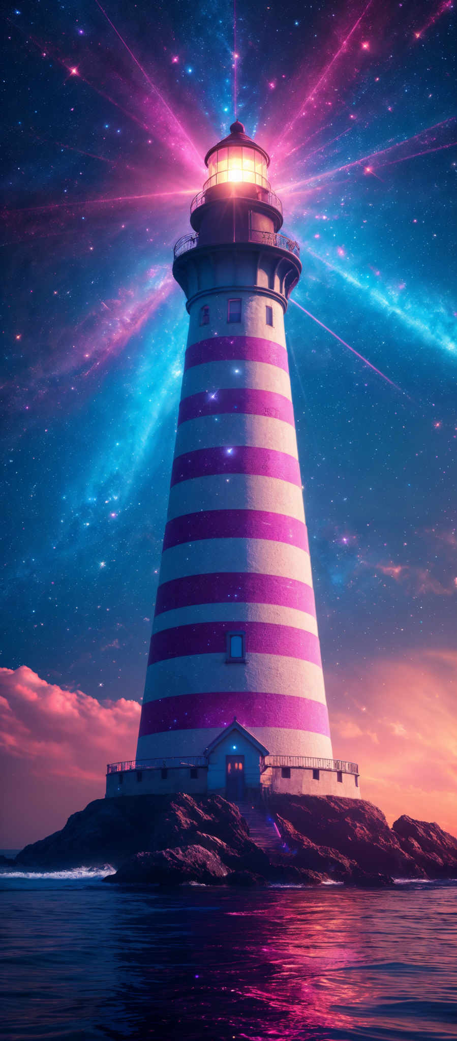 The image showcases a lighthouse with alternating red and white stripes. The lighthouses beacon is illuminated, casting a warm glow. The sky is a vibrant mix of deep blues, purples, and pinks, with radiant beams of light emanating from the lighthose. There are also stars scattered throughout the sky, adding to the cosmic ambiance. The water below reflects the colors of the sky and the luminous beacon of the lighter.