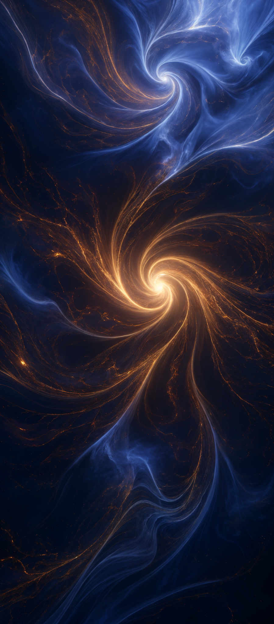 The image showcases a mesmerizing interplay of blue and golden swirling patterns against a deep black background. The blue patterns resemble flowing waves or tendrils, while the golden ones appear as fiery streaks or trails. The central region of the image is dominated by a bright golden swirl, suggesting a source of energy or light. The overall composition gives an impression of a cosmic or celestial event, possibly depicting a nebula or a galaxy in motion.