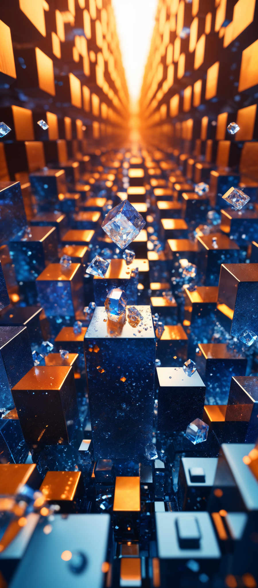 The image showcases a vibrant and dynamic 3D scene. It features a multitude of cubes of varying sizes, some of which are suspended in mid-air, giving the impression of a floating cityscape. The cubes are predominantly in shades of blue and gold, with some reflecting light, giving them a shimmering appearance. The background is a gradient of deep blue to a bright, glowing orange, suggesting a transition from night to day or perhaps a surreal, otherworldly environment.