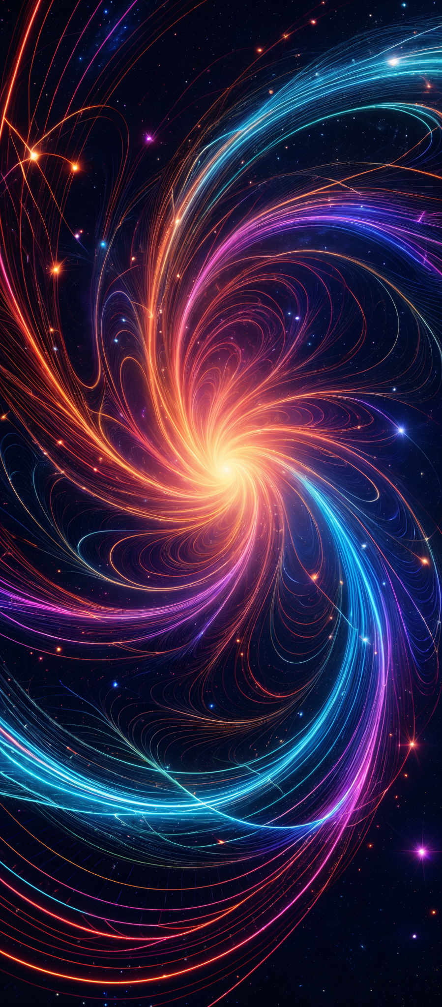 The image showcases a vibrant and mesmerizing swirl of colors. At the center, there's a bright, glowing orb that emits a radiant orange-yellow light. Surrounding this central point are swirling patterns of blue, purple, and red lines, creating an almost vortex-like effect. These lines appear to be emanating from the central orb and spiraling outwards, intertwining with each other. The background is dark, dotted with tiny, bright specks that could represent distant stars or other celestial bodies.