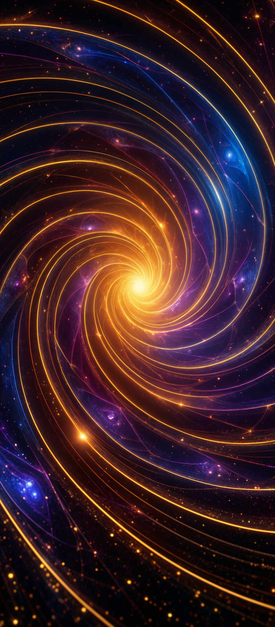 The image showcases a mesmerizing cosmic scene with swirling patterns of vibrant colors. The dominant colors are shades of blue, purple, and gold. The swirls are reminiscent of a galaxy or a vortex, spiraling inwards towards a bright, glowing center. The background is filled with stars, adding to the depth and vastness of the cosmos.