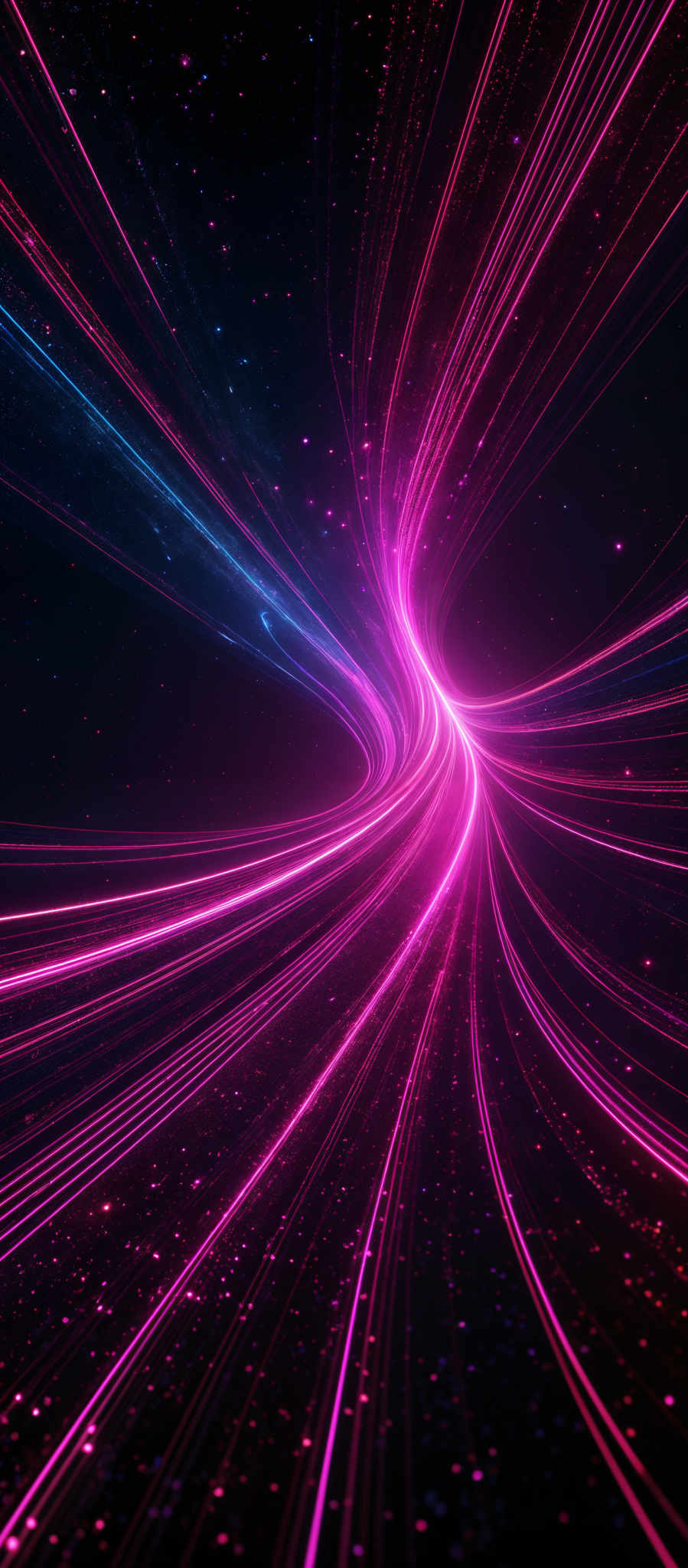 The image showcases vibrant hues of pink, blue, and purple. The central focus is a swirling, curved pathway of bright pink and blue lines that seem to be moving in a vortex-like manner. These lines are interspersed with tiny, glowing dots that resemble stars or distant galaxies. The background is a deep, dark space filled with these stars, giving the impression of a vast, cosmic expanse.