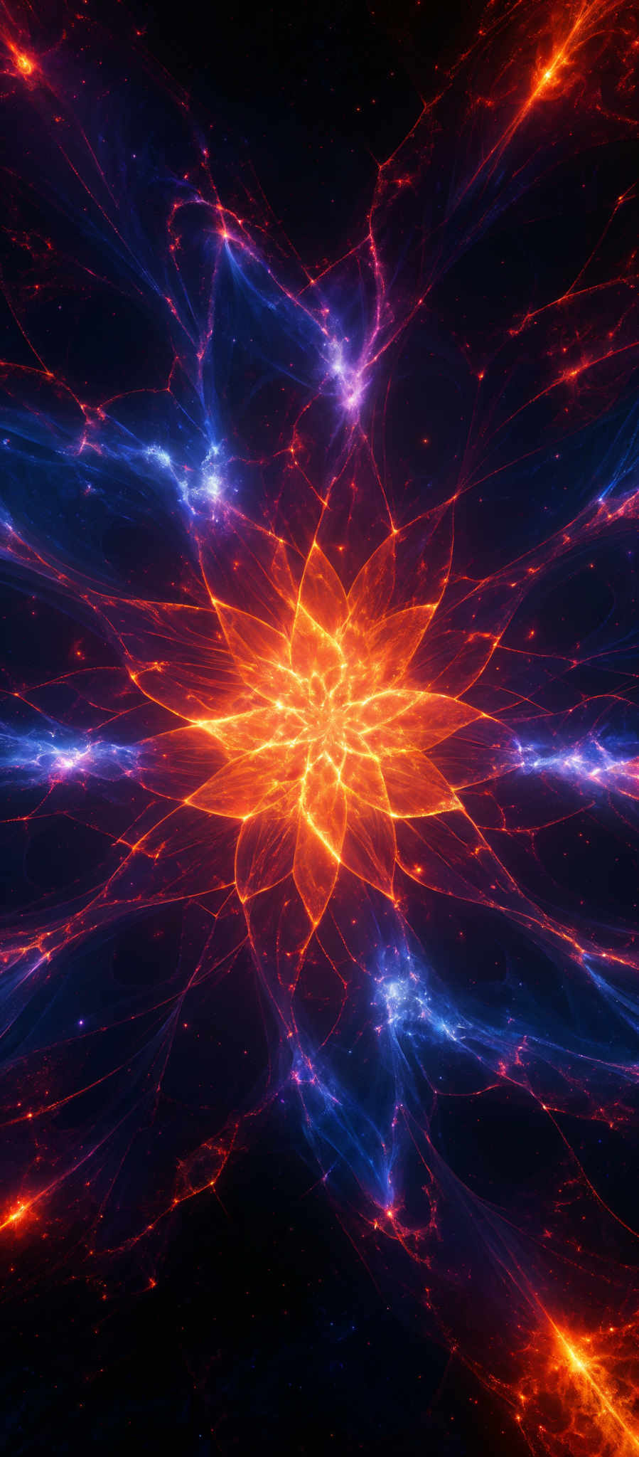 The image showcases a vibrant and mesmerizing cosmic scene. Dominating the center is a radiant, fiery flower-like structure emitting a bright orange glow. This central figure is surrounded by intricate patterns of swirling blue and red tendrils that resemble cosmic filaments or energy streams. These tendrills spread outwards, intertwining and overlapping, creating a complex web of lights. The background is dark, with specks of bright dots, possibly representing distant stars or galaxies, adding depth and dimension to the scene.