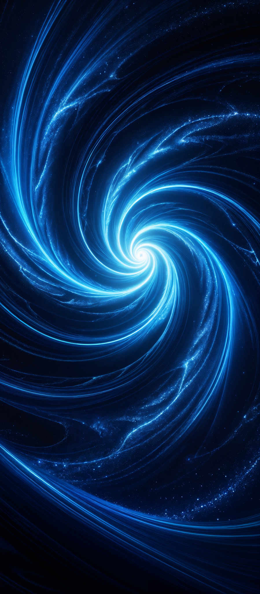 The image showcases a mesmerizing swirl of blue and white light. The swirl appears to be a vortex or a whirlpool, spiraling inwards towards a bright, central point. The blue hues are vibrant and give a sense of depth and movement, while the white light emanating from the center adds a touch of luminosity and contrast. The overall shape is reminiscent of a galaxy or a nebula, with the swirling patterns suggesting the movement of celestial bodies or the flow of energy.