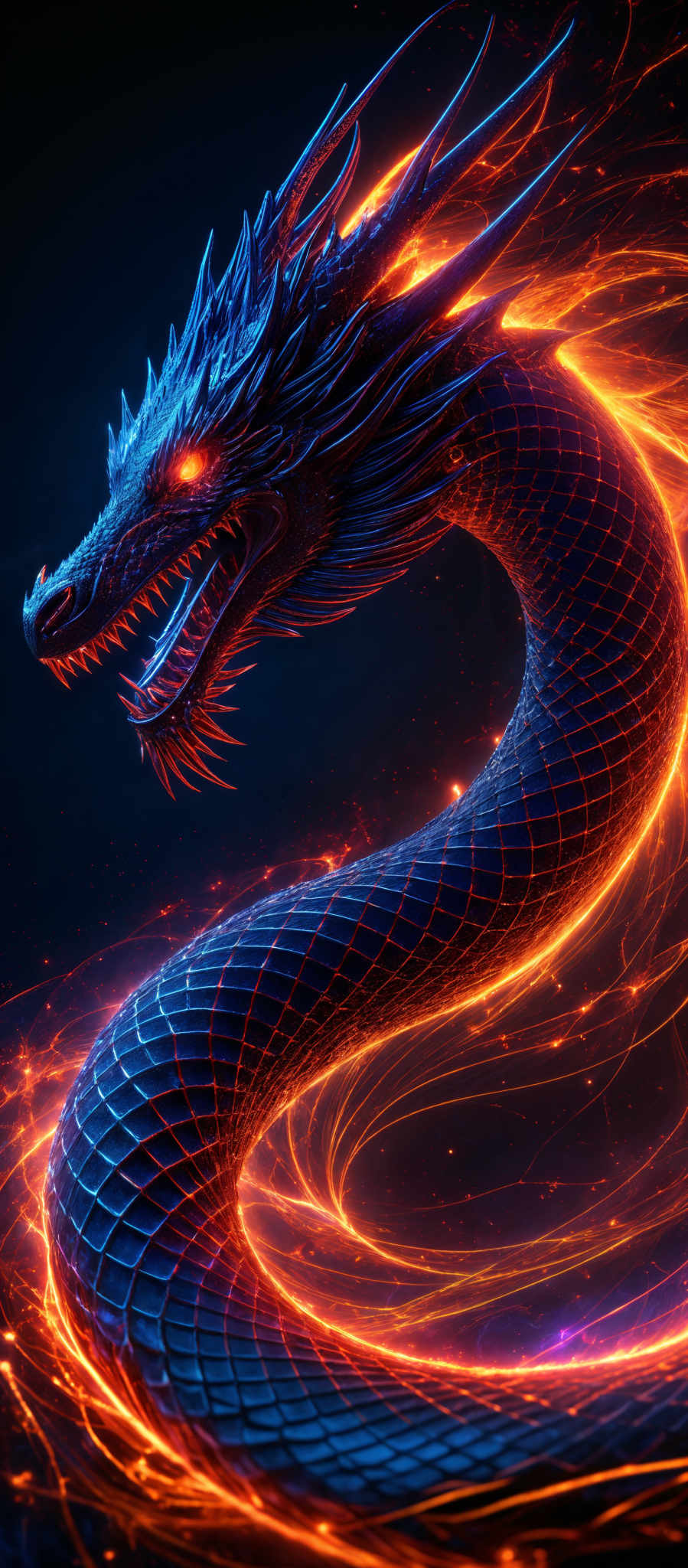 The image showcases a majestic dragon with intricate details. The dragon is depicted in a spiral, coiled around itself, with its body emanating a fiery glow. The fiery hues range from deep orange to bright red, creating an intense contrast with the dark, almost black background. The creature's scales are detailed, reflecting the fiery light, and its eyes glow with an intenSE, fiery red. The overall image exudes a sense of power, mystery, and fiery energy.