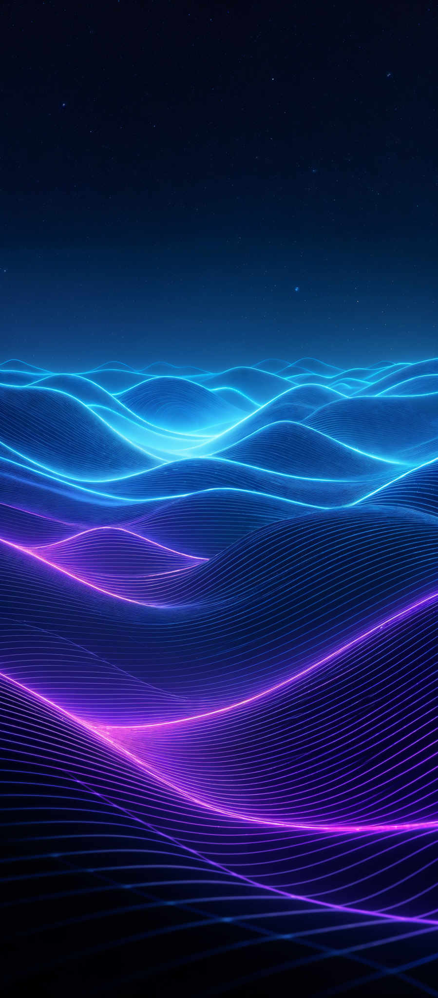 The image showcases a digital, abstract landscape with undulating patterns of neon lights. The dominant colors are shades of blue and purple, creating a serene and otherworldly ambiance. The shapes are fluid and wavy, reminiscent of sand dunes or waves in a digital realm. The top portion of the image features a starry night sky, adding depth and contrast to the vibrant patterns below.