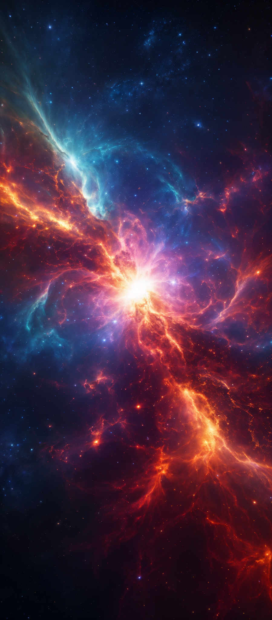 The image showcases a mesmerizing cosmic scene with a vibrant mix of colors. Dominating the center is a radiant burst of light, emanating a brilliant blue and white glow. Surrounding this burst are swirling patterns of fiery red and orange, reminiscent of nebulae or galaxies in motion. The background is dotted with numerous stars, adding depth and dimension to the scene. The overall shape is dynamic, with the central burst appearing as a focal point, surrounded by intricate patterns of light and dark that give the impression of vast cosmic structures and phenomena.