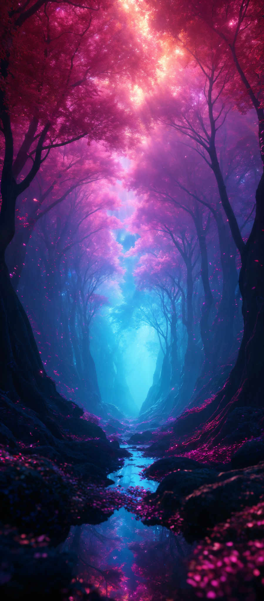 The image showcases a breathtaking forest scene. The dominant colors are shades of pink, purple, and blue. The trees have a unique, almost surreal shape, with their branches extending outwards in an intricate pattern. The ground is covered in what appears to be pink petals or leaves, and there's a serene blue stream flowing through the center. The entire scene is bathed in a soft, ethereal light, creating a dreamy and magical atmosphere.