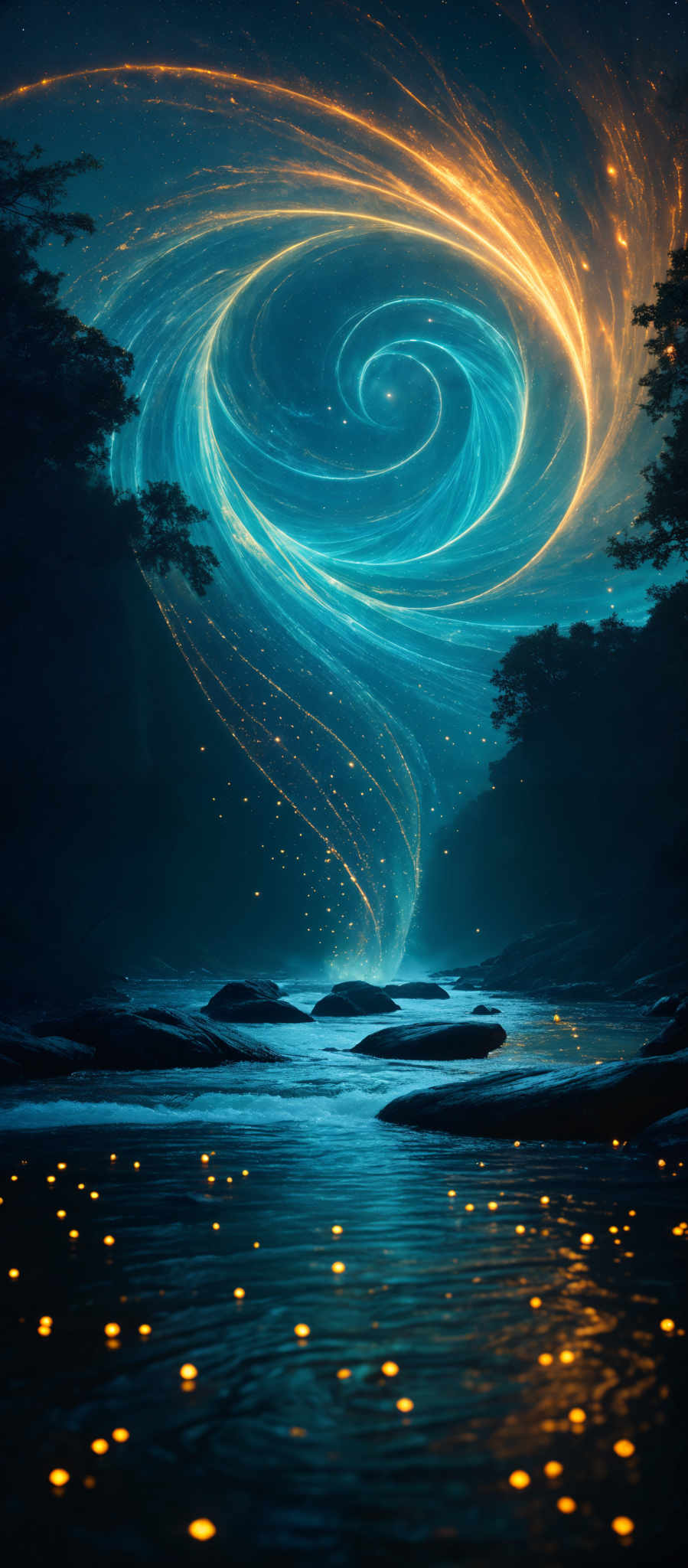 The image showcases a mesmerizing scene of a swirling vortex or portal, emanating vibrant hues of blue and orange. The vortex appears to be spiraling upwards, with the blue swirls representing water or ice and the orange swirls emanate a fiery or magical energy. This vortex is set against a backdrop of a starry night sky. Below the vortex, there's a serene landscape featuring a calm river with glowing orbs floating on its surface. The river flows through a forested area with silhouettes of trees on both sides. The overall ambiance of the image is mystical and ethereal.