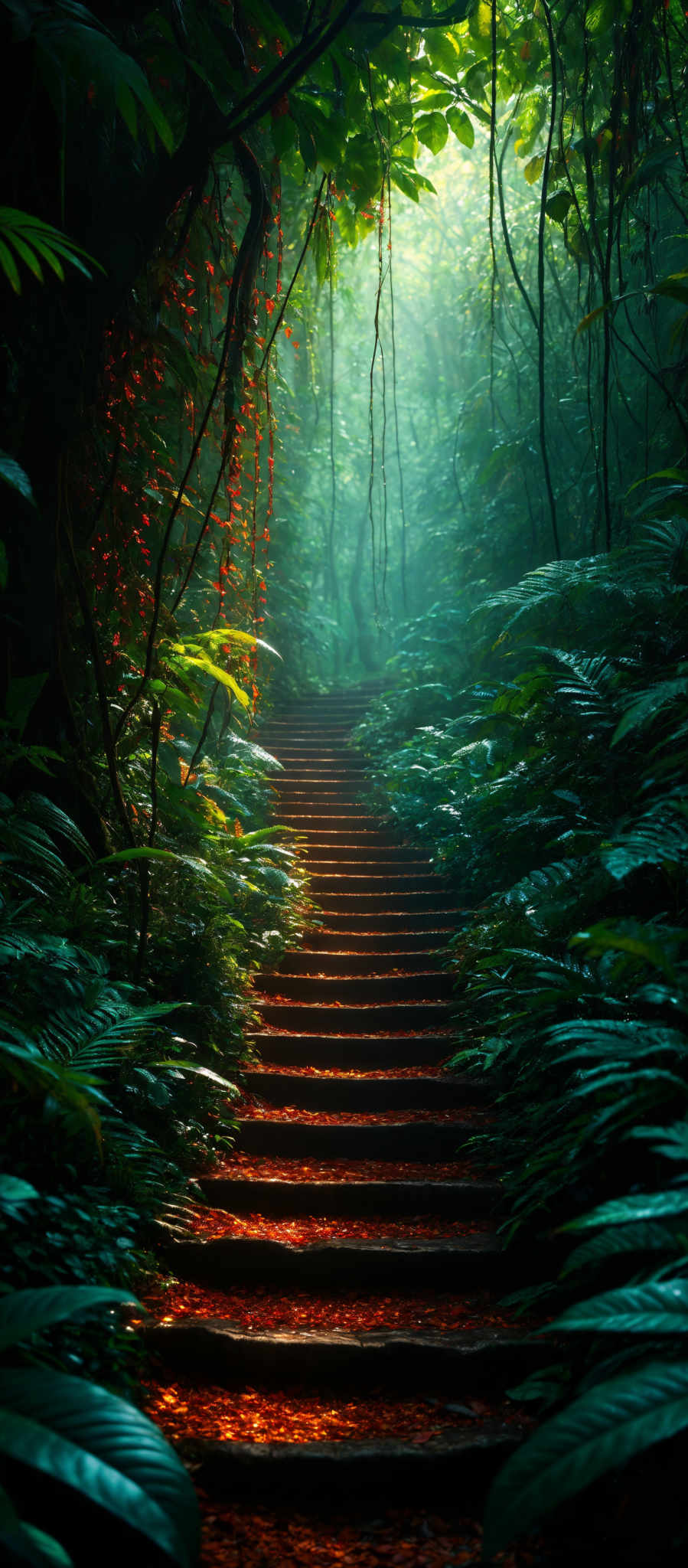 The image showcases a lush, verdant forest with a variety of green foliage. Dominating the scene are large, broad leaves, some of which are translucent, allowing a glimpse of the forest floor below. There are also vines and smaller plants, some with red berries. The forest floor is covered with fallen leaves and petals, giving it a rich, orange hue. A series of stone steps lead through the forest, suggesting a pathway or a trail. The overall color palette is a mix of deep greens, bright oranges, and muted browns, creating a serene and mystical atmosphere.