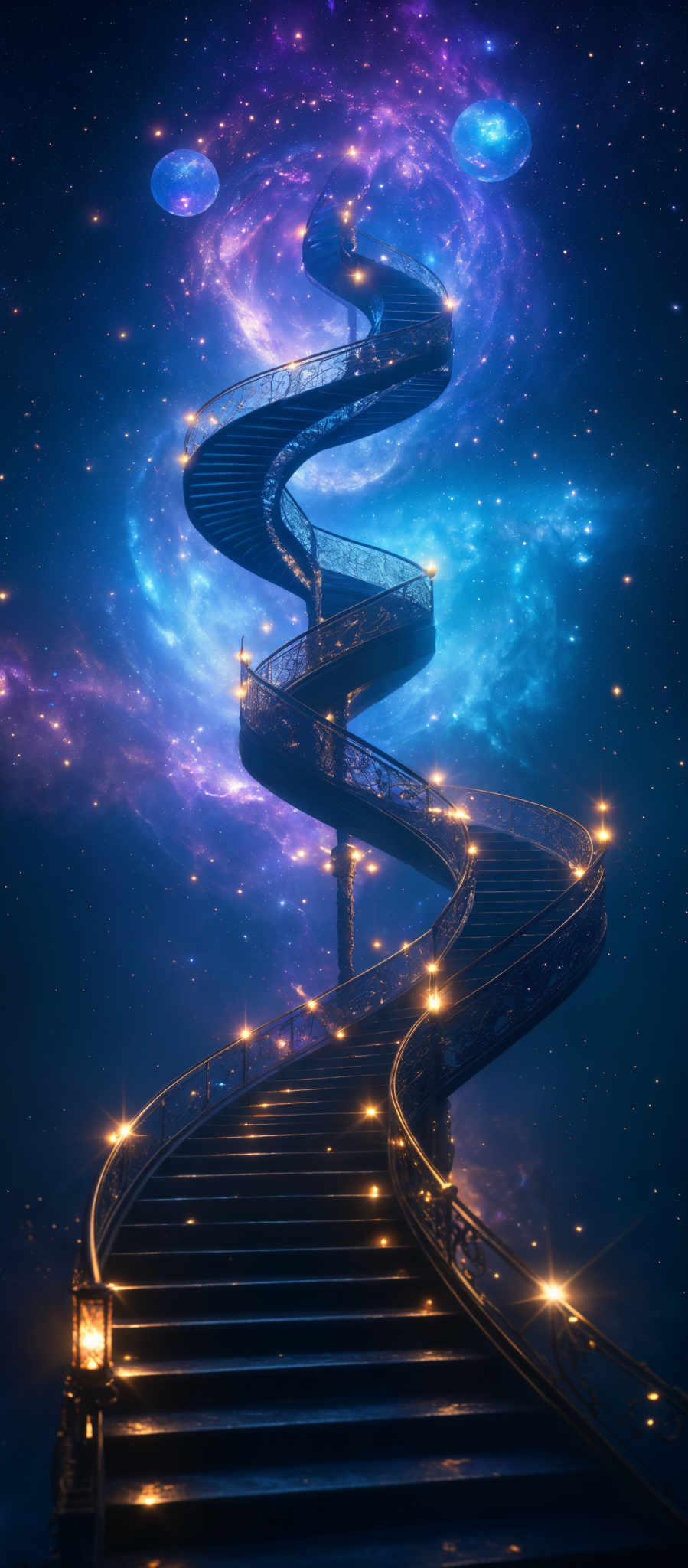 The image showcases a spiral staircase that ascends towards a vibrant, cosmic background. The staircases are ornate, with intricate railings that glow with a golden hue. The cosmic backdrop is a blend of deep blues, purples, and vibrants oranges, with a nebulous appearance. There are also two celestial bodies, possibly planets, floating in the background.