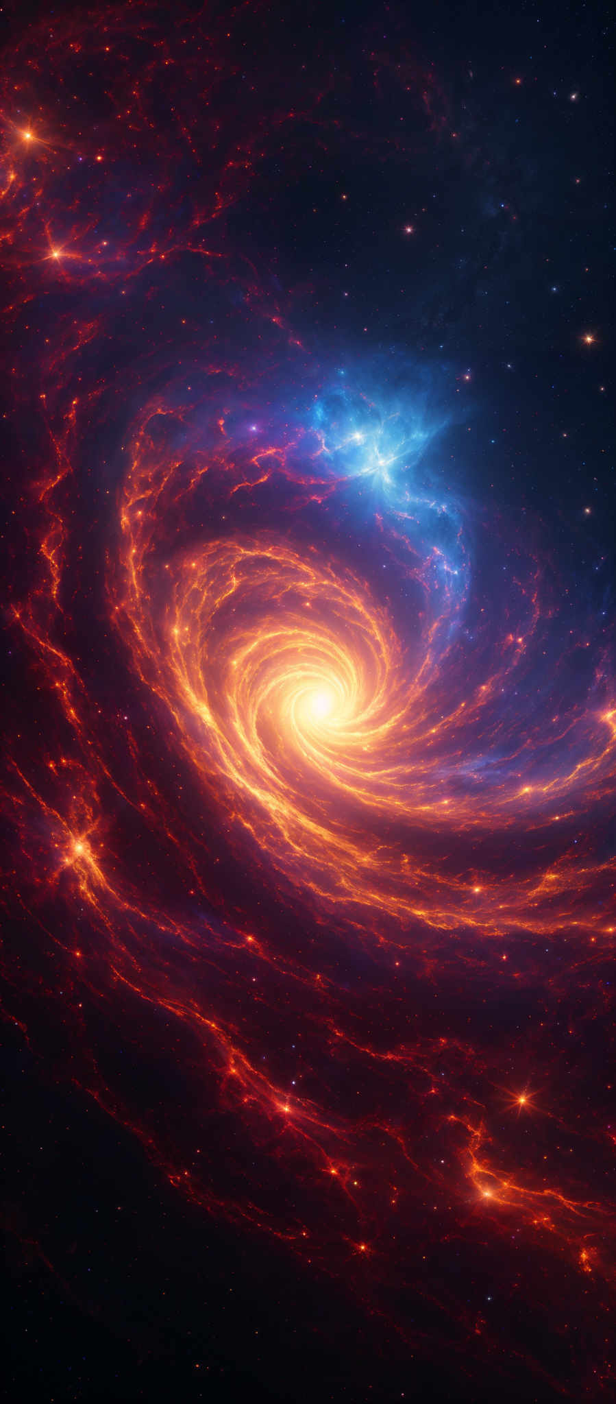 The image showcases a mesmerizing cosmic scene. Dominating the center is a swirling galaxy with a bright, glowing core. The galaxy is surrounded by vibrant, fiery red and orange nebulas, interspersed with patches of deep blue and black space. The nebulous formations appear dynamic, with tendrils of gas and dust stretching out in various directions. The overall color palette is a blend of warm and cool tones, creating a visually stunning representation of the universe.