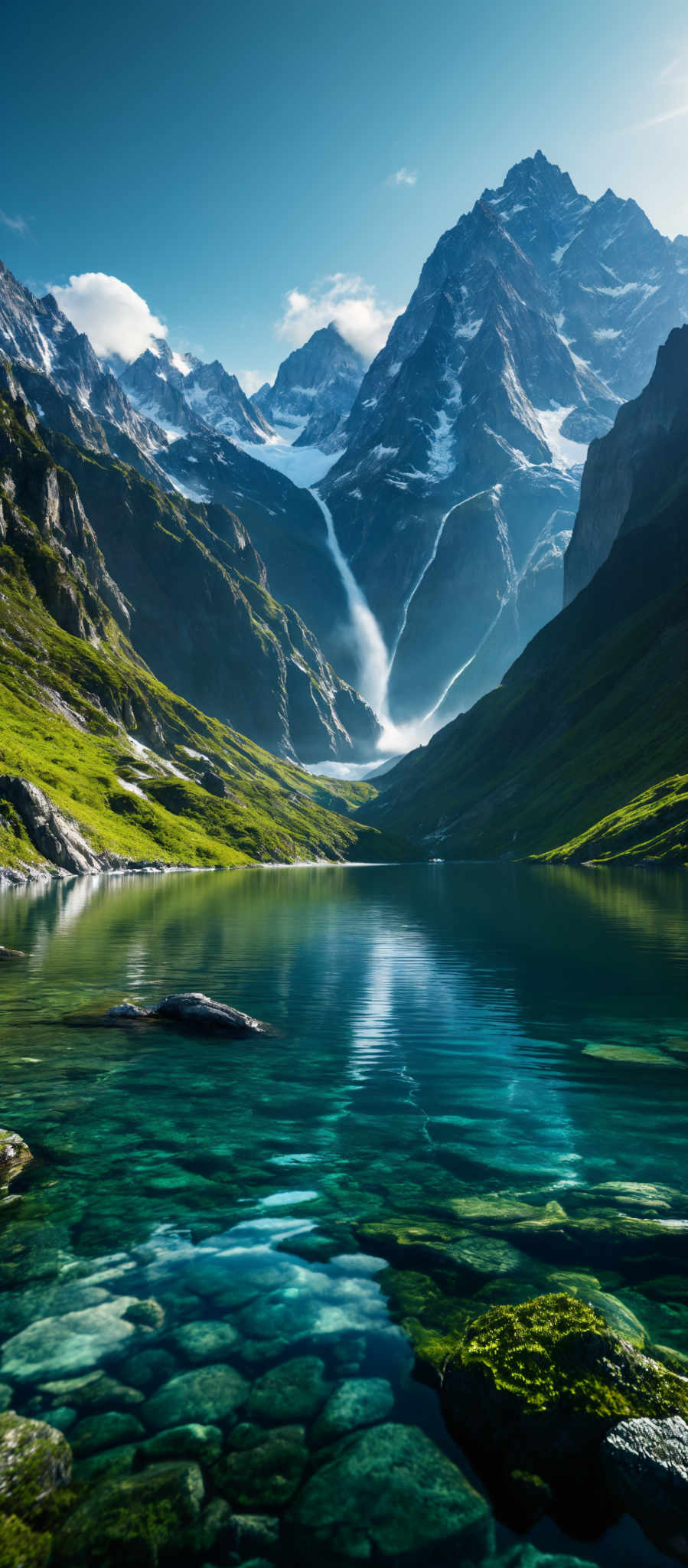 The image showcases a breathtaking landscape with a clear blue sky. Majestic snow-capped mountains rise in the background, with a waterfall cascading down one of their slopes. In the foreground, there's a serene alpine lake with crystal-clear waters, revealing the rocks beneath. The lake's edge is adorned with lush green grass and moss-covered stones. The overall color palette is a mix of vibrant greens, deep blues, and the stark white of the snow.