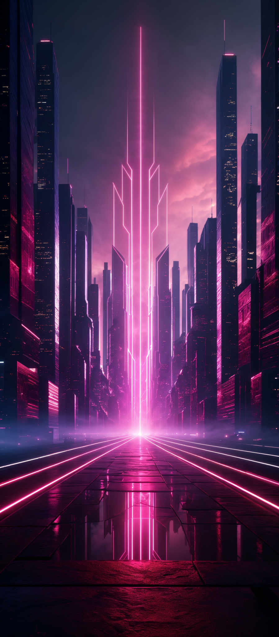 The image showcases a futuristic cityscape during what appears to be dusk or dawn. The dominant colors are shades of pink, purple, and blue. The city is adorned with tall skyscrapers, some of which have neon-like outlines. The central focus is a bright, vertical beam of light emanating from between two skyscraper towers, casting a reflection on the ground below. The streets are empty, with a reflective surface that mirrors the buildings and the light. The overall ambiance is serene, yet the advanced architecture and lighting give it a sci-fi feel.