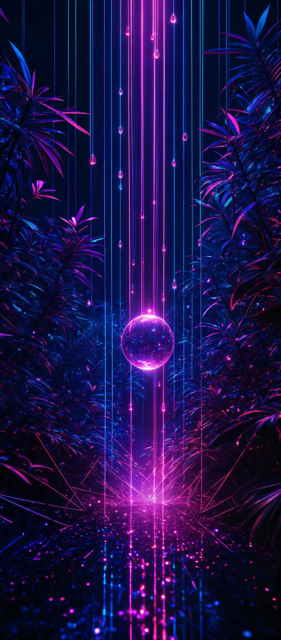 The image showcases a vibrant and futuristic scene. It predominantly features hues of purple, blue, and pink. The central focus is a large, glowing orb suspended in the air, surrounded by vertical streaks of neon light. These streaks appear to be falling or emanating from the orb. The background is filled with lush, dark foliage, possibly representing a forest or jungle. The ground is reflective, mirroring the colors and lights from above, and is scattered with small, shimmering particles that add to the ethereal ambiance.