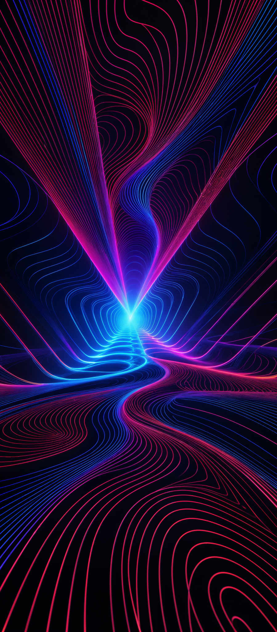 The image showcases a vibrant and mesmerizing pattern of intertwined lines in a 3D space. The dominant colors are shades of blue, pink, and purple. The lines are intricately woven, creating a swirling and undulating pattern that appears to be in motion. The central part of the image emits a bright blue glow, suggesting a source of energy or light. The overall effect is reminiscent of a neon-lit, futuristic environment or perhaps a representation of a cosmic or abstract space.