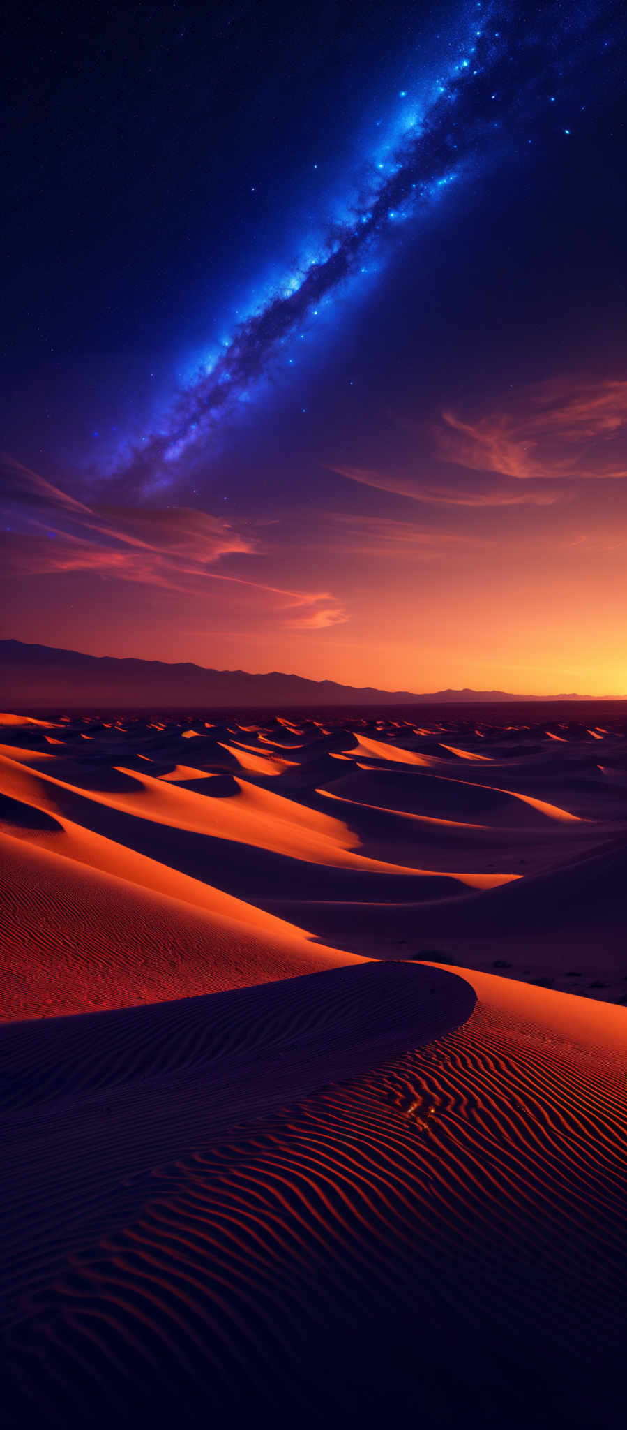 The image showcases a vast desert landscape with rolling sand dunes. The dunes are illuminated in a warm, golden hue, possibly from the setting or rising sun. Above the dunes, the sky is a deep blue, transitioning to a vibrant shade of purple and then to a fiery orange near the horizon. The Milky Way galaxy stretches across the sky, casting a brilliant blue and white glow. The stars are scattered throughout, adding to the celestial beauty of the scene.