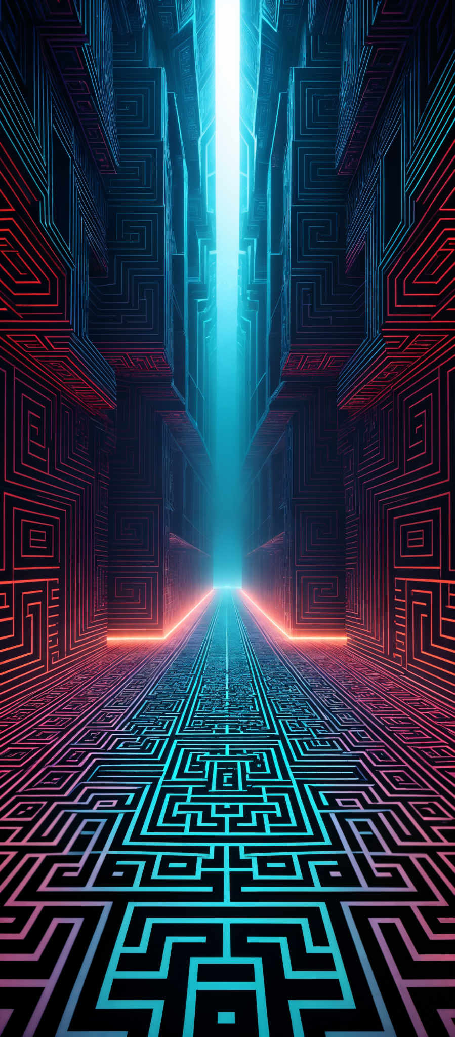 The image showcases a mesmerizing digital artwork of a corridor. The corridors are intricately designed with maze-like patterns in a combination of red and blue hues. The walls and floor of the corridores are adorned with these intricate designs, creating a sense of depth and complexity. The center of the image features a bright vertical beam of light, illuminating the path ahead and casting a contrasting glow on the walls. The overall ambiance of the artwork is futuristic and mysterious, evoking feelings of wonder and curiosity.