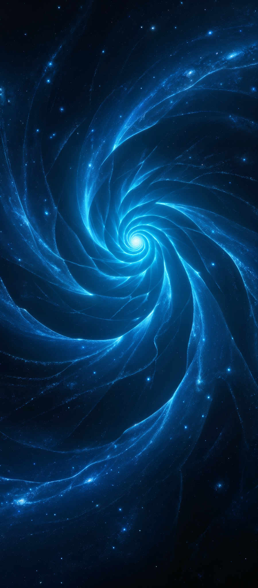 The image showcases a mesmerizing cosmic scene with swirling patterns of blue and white light. The central part of the image features a bright, luminous spiral, reminiscent of a galaxy or a nebula, surrounded by a dark void. The swirled patterns radiate outwards, creating an illusion of depth and movement. The colors are predominantly shades of blue, with hints of white, giving the image a cool and ethereal feel.