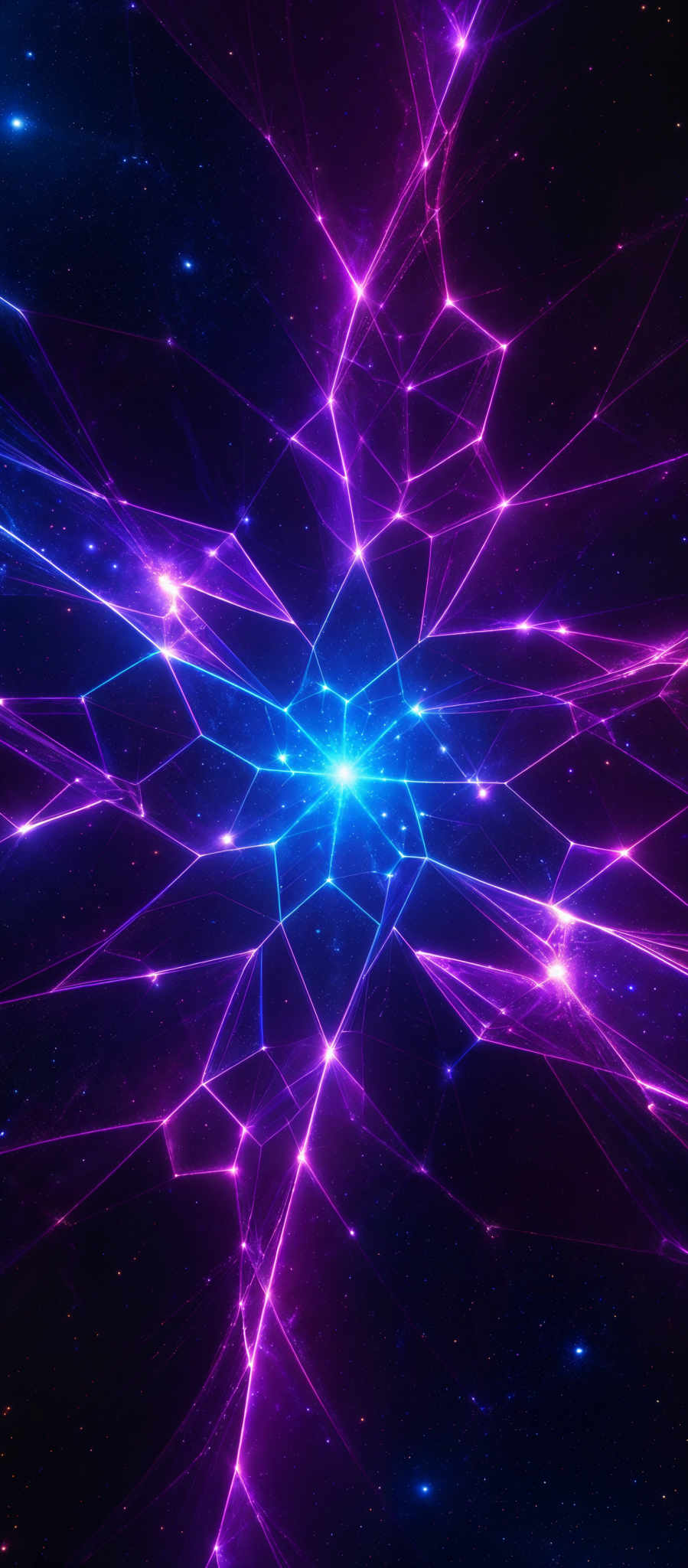 The image showcases a vibrant cosmic scene with deep purple and blue hues dominating the background. The central focus is a radiant blue star or cosmic entity, surrounded by a network of interconnected lines and nodes, resembling a constellation or a neural network. These lines emit a bright purple glow, creating an intricate web of light against the dark backdrop of space filled with distant stars.