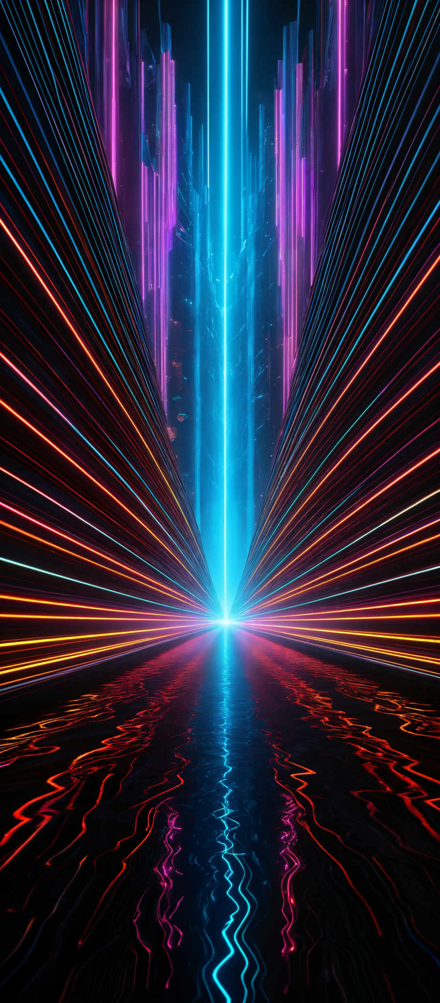 The image showcases a vibrant and dynamic scene with a central vertical beam of light emanating from a bright blue source. This light is surrounded by a myriad of colorful vertical and horizontal lines, creating an illusion of a futuristic cityscape or a digital interface. The colors range from deep blues and purples to bright neon pinks and oranges. The lines converge towards the central light, creating a sense of depth and perspective. Below the scene, there's a reflective surface, possibly water, that mirrors the above scene, adding to the depth and dimension of the image, and introducing a sense symmetry.