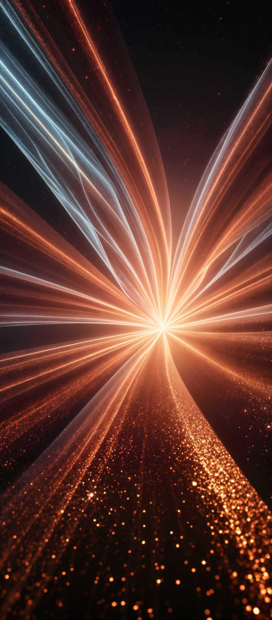 The image showcases a vibrant and dynamic visual of light streaks converging towards a central point. The streaks are a mix of bright orange and white, creating an effect of light trails or energy beams. These beams radiate outwards in a radial pattern, giving the impression of a burst or explosion. The background is dark, possibly representing space or a void, with scattered light points that add depth and dimension to the scene.