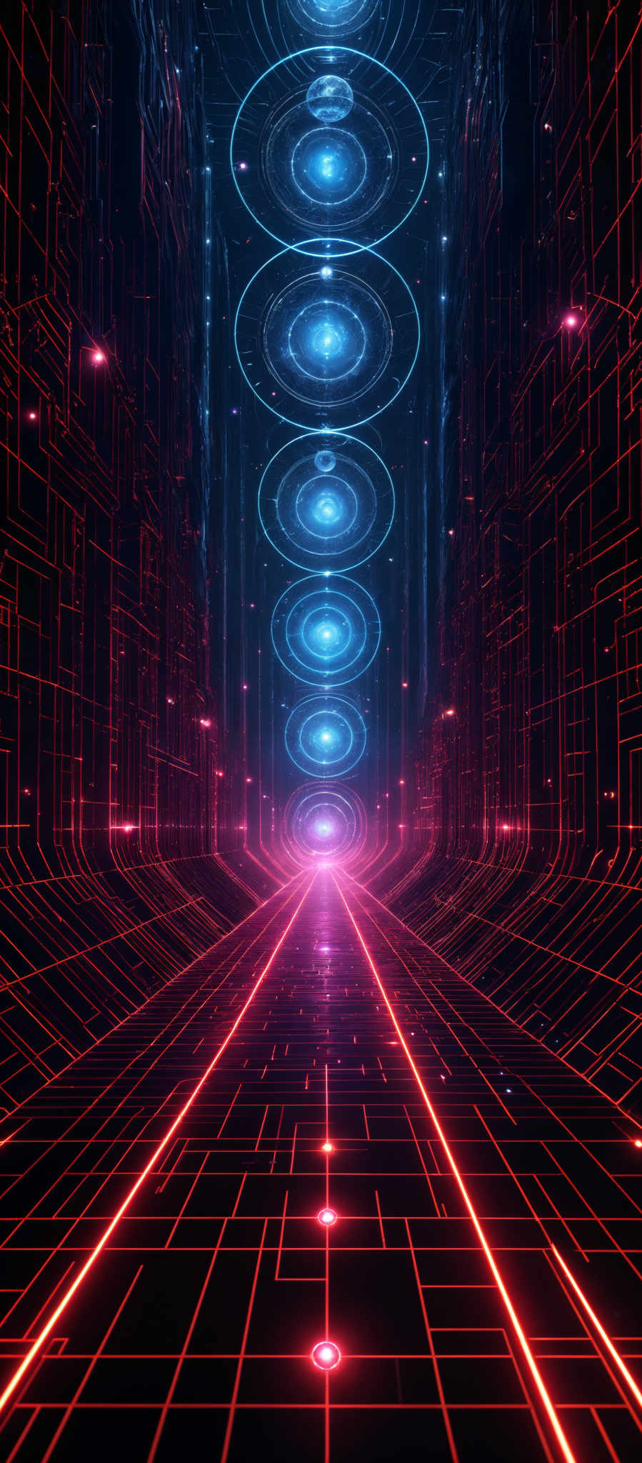 The image showcases a vibrant and futuristic scene. Dominated by deep reds and neon blues, it features a symmetrical corridor with intricate geometric patterns. The corridors are lined with red neon lines, forming a grid-like pattern on the floor. Above the corridory, there are multiple circular and oval structures, emitting a radiant blue glow. These structures seem to be floating or suspended in the air, and their centers have a swirling pattern. The overall ambiance of the image is both mesmerizing and otherworldly, suggesting a high-tech or cybernetic environment.