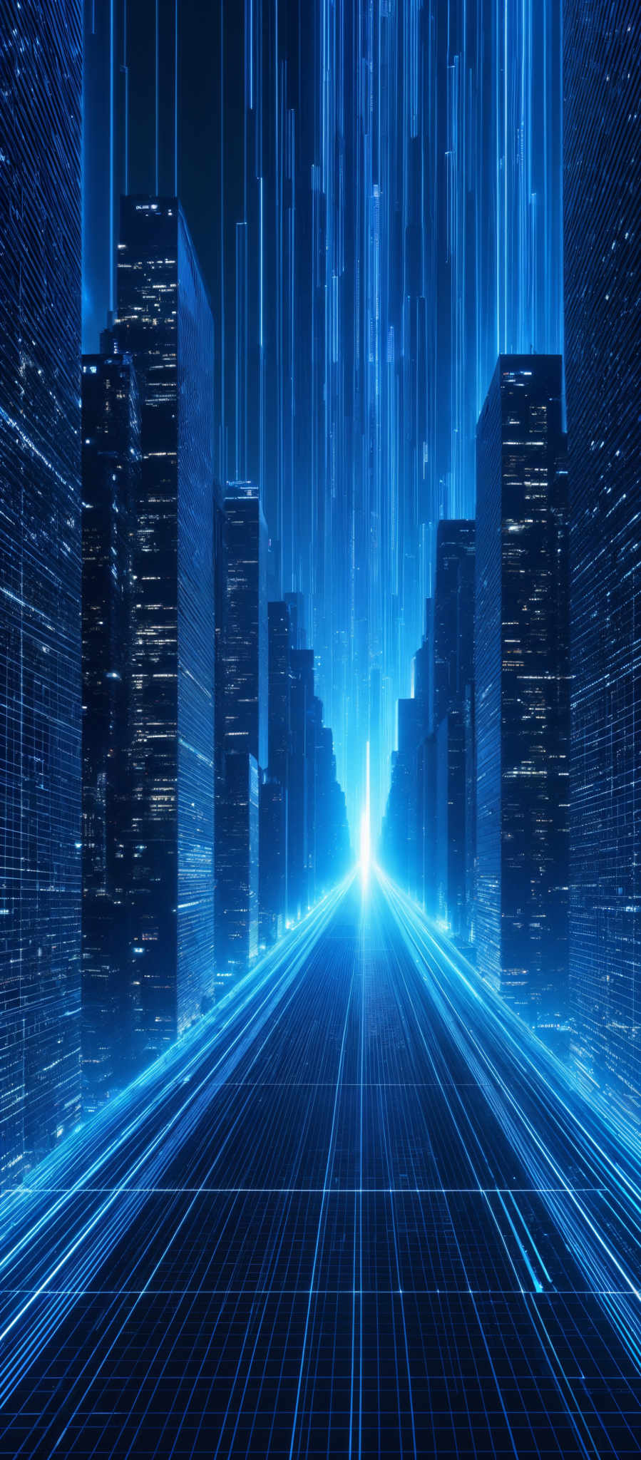 The image showcases a futuristic cityscape with tall, towering skyscrapers. The buildings are enveloped in a blue hue, with intricate patterns of light and shadow. A central pathway stretches out, lined with a grid-like pattern, leading to a bright light at the end. The entire scene is bathed in a surreal blue glow, giving it a dreamlike, otherworldly ambiance.