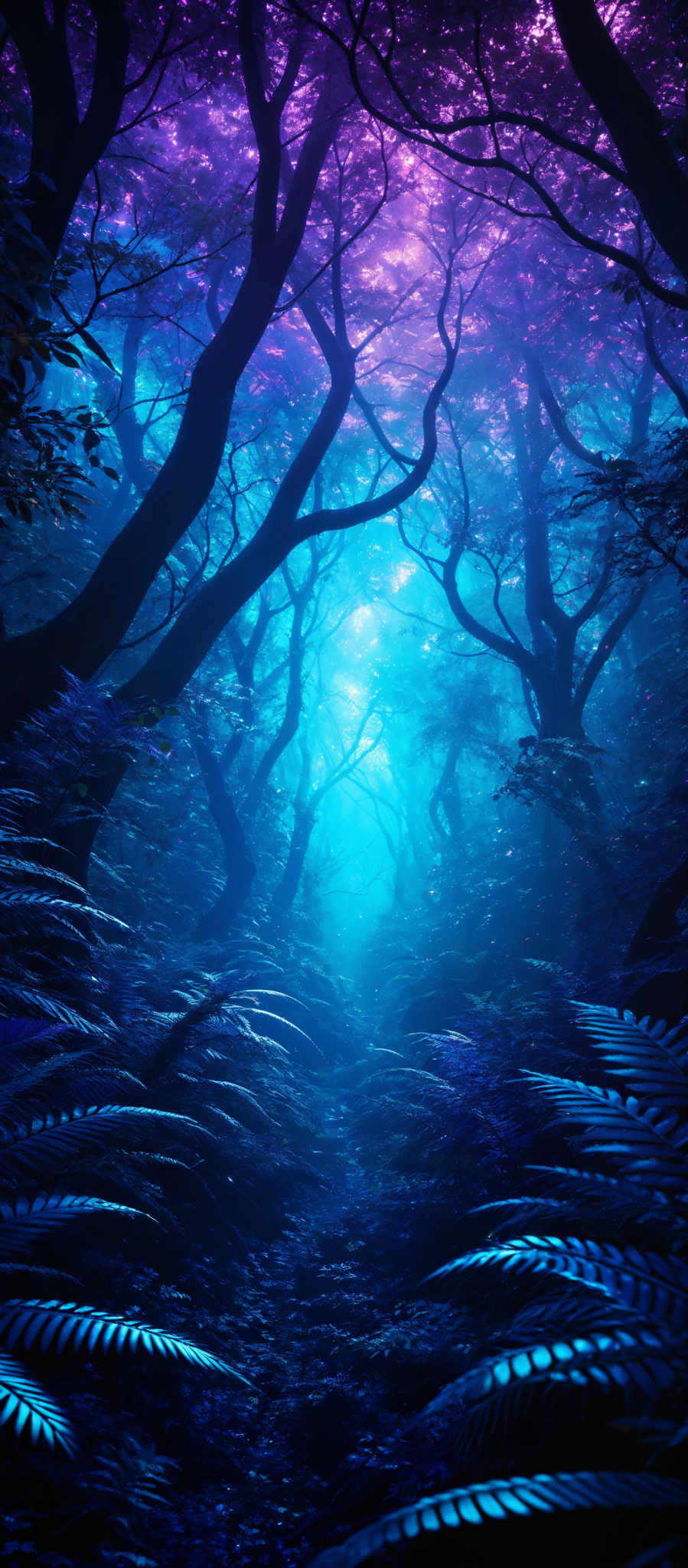 The image showcases a mystical forest with a predominant color palette of purples, blues, and hints of pink. The trees have twisted and gnarled branches, creating a canopy that filters the light in a beautiful manner. The ground is covered with ferns and other undergrowth, reflecting the colors of the sky above. The overall ambiance is serene and otherworldly, with a sense of depth and mystery.