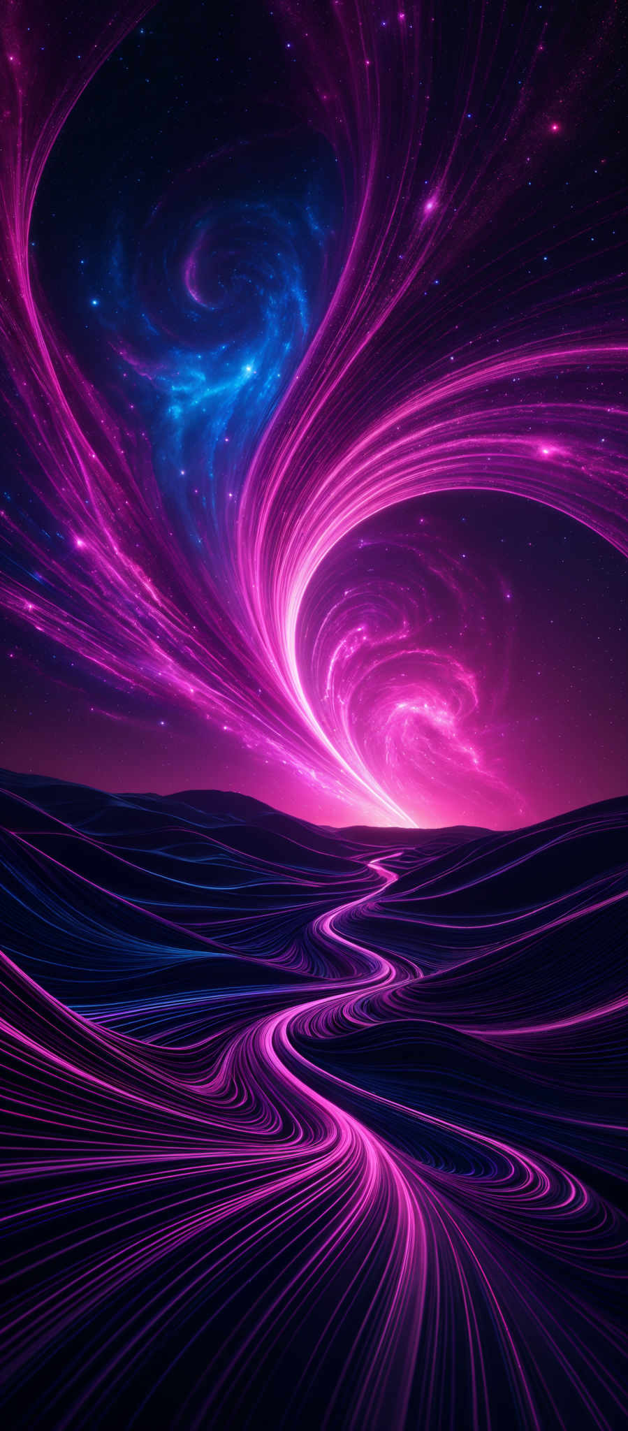 The image showcases a vibrant and mesmerizing cosmic scene. Dominated by hues of pink, purple, and blue, the swirling patterns resemble galaxies or nebulae. The central part of the image features a bright, radiant burst of light, possibly representing a star or a supernova. This light casts a luminous glow on the surrounding space, creating a contrast with the darker regions. The foreground displays a series of undulating, wavy lines that seem to be flowing or swirled, possibly depicting a celestial landscape or a representation of energy. The entire scene is set against a backdrop of a starry night sky.