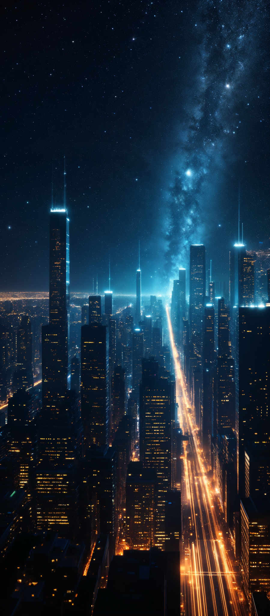 The image showcases a cityscape at night with skyscrapers illuminated against a starry sky. The Milky Way galaxy stretches across the sky, casting a blueish hue. The city below is densely packed with tall buildings, and there are streaks of light, possibly from moving vehicles, running through the streets. The overall color palette is dominated by deep blues, blacks, and bright whites.