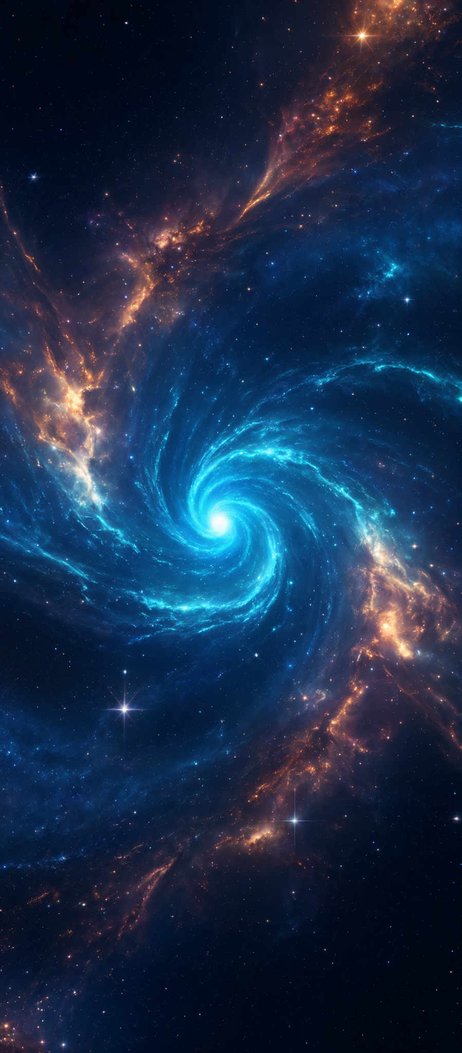 The image showcases a mesmerizing cosmic scene with a dominant spiral galaxy at its center. The galaxy is swirling with vibrant hues of blue and gold, with bright white stars scattered throughout. The surrounding space is dotted with numerous other stars, and there are also nebulous formations that emit a fiery orange glow. The overall composition is a blend of deep blues, radiant golds, and the bright whites of distant stars, creating a sense of vastness and wonder.