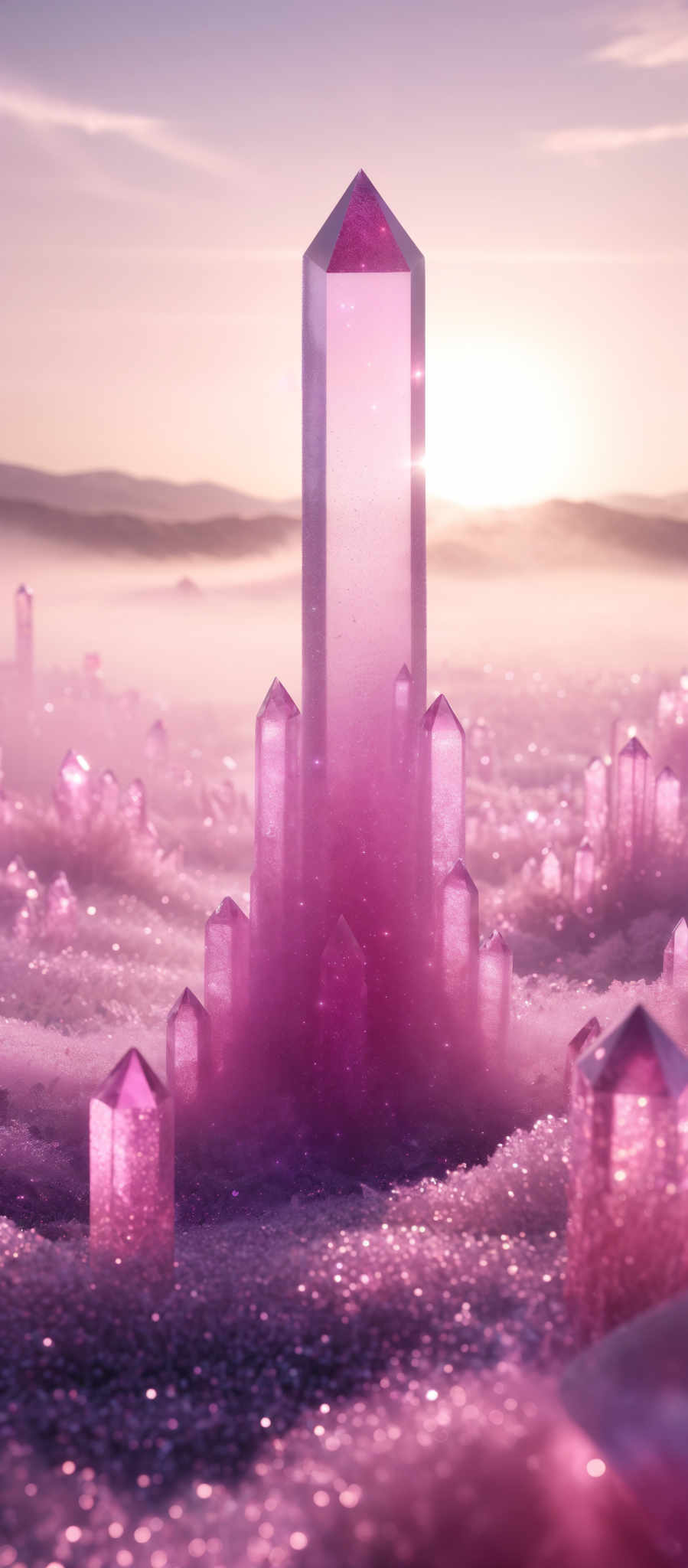 The image showcases a surreal landscape dominated by crystal formations. The crystals are predominantly pink and are of various sizes, with the largest one standing tall in the center. They have a translucent quality, allowing light to pass through and create a glowing effect. The ground is covered in a sparkling, pink substance, possibly representing a mixture of sand and crystal dust. In the background, there's a serene view of mountains and a setting or rising sun, casting a warm hue over the scene.