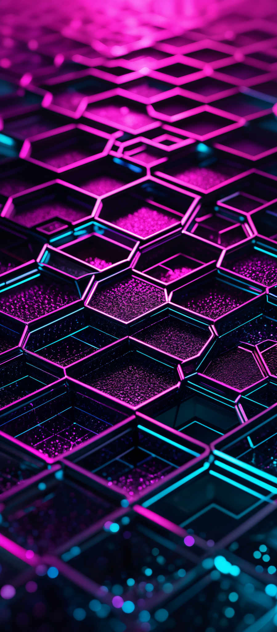 The image showcases a series of interconnected hexagonal tiles arranged in a pattern. These tiles have a reflective surface, and they are illuminated with vibrant shades of pink and blue. The tiles appear to be slightly elevated, creating a 3D effect. The overall design gives a futuristic and technological vibe, reminiscent of a digital landscape or a sci-fi setting.