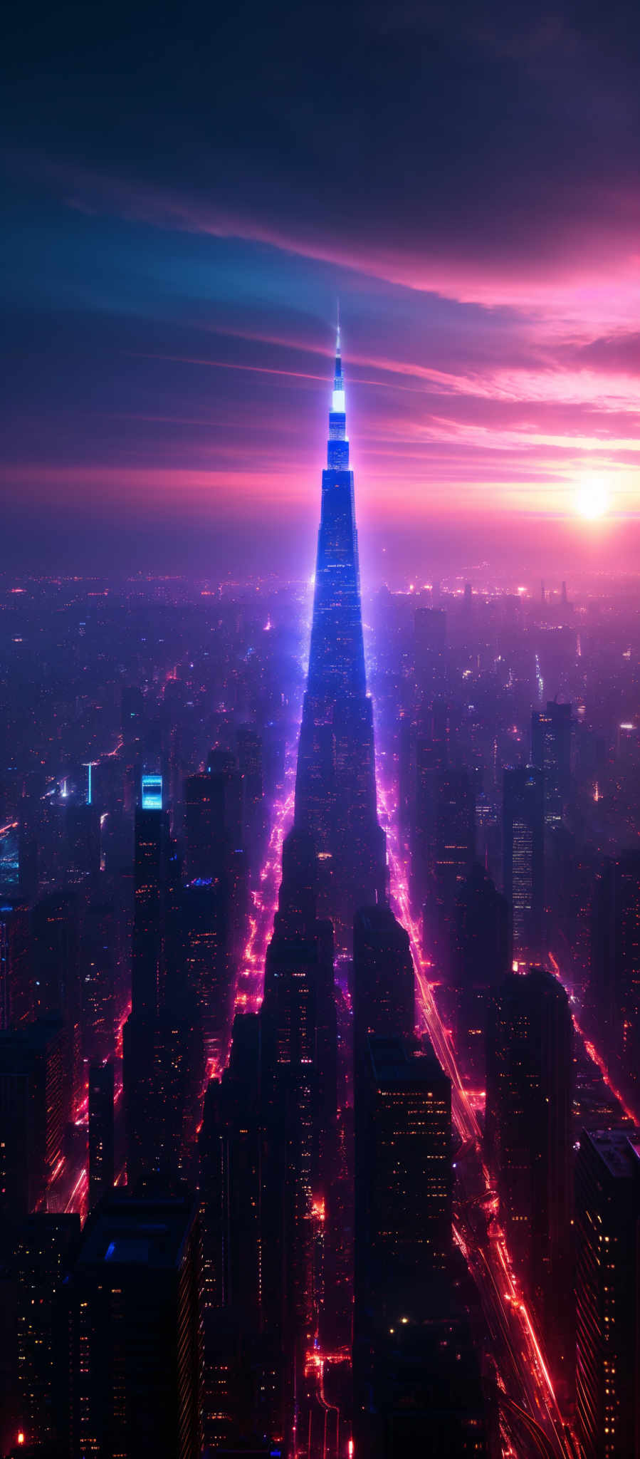 The image showcases a cityscape during what appears to be either dawn or dusk. Dominating the scene is a towering skyscraper that emits a bright blue glow, contrasting sharply with the surrounding dark buildings. The sky is painted with hues of purple, pink, and orange, suggesting the transition between day and night. The city below is densely packed with buildings, and the streets are illuminated with a mix of red and blue lights, creating a vibrant and futuristic ambiance.