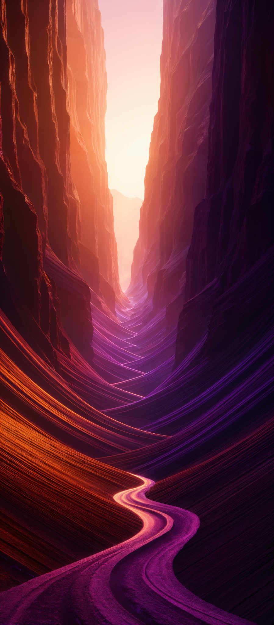 The image showcases a breathtaking landscape of a canyon. The canyons are tall and steep, with jagged rock formations on both sides. The sunlight filters through the top, casting a warm, golden hue on the scene. The ground within the canyond has a winding, serpentine pathway that appears to be made of sand or a similar material. The pathway is highlighted with vibrant shades of purple, pink, and orange, contrasting beautifully with the deep reds and browns of the canopy walls.