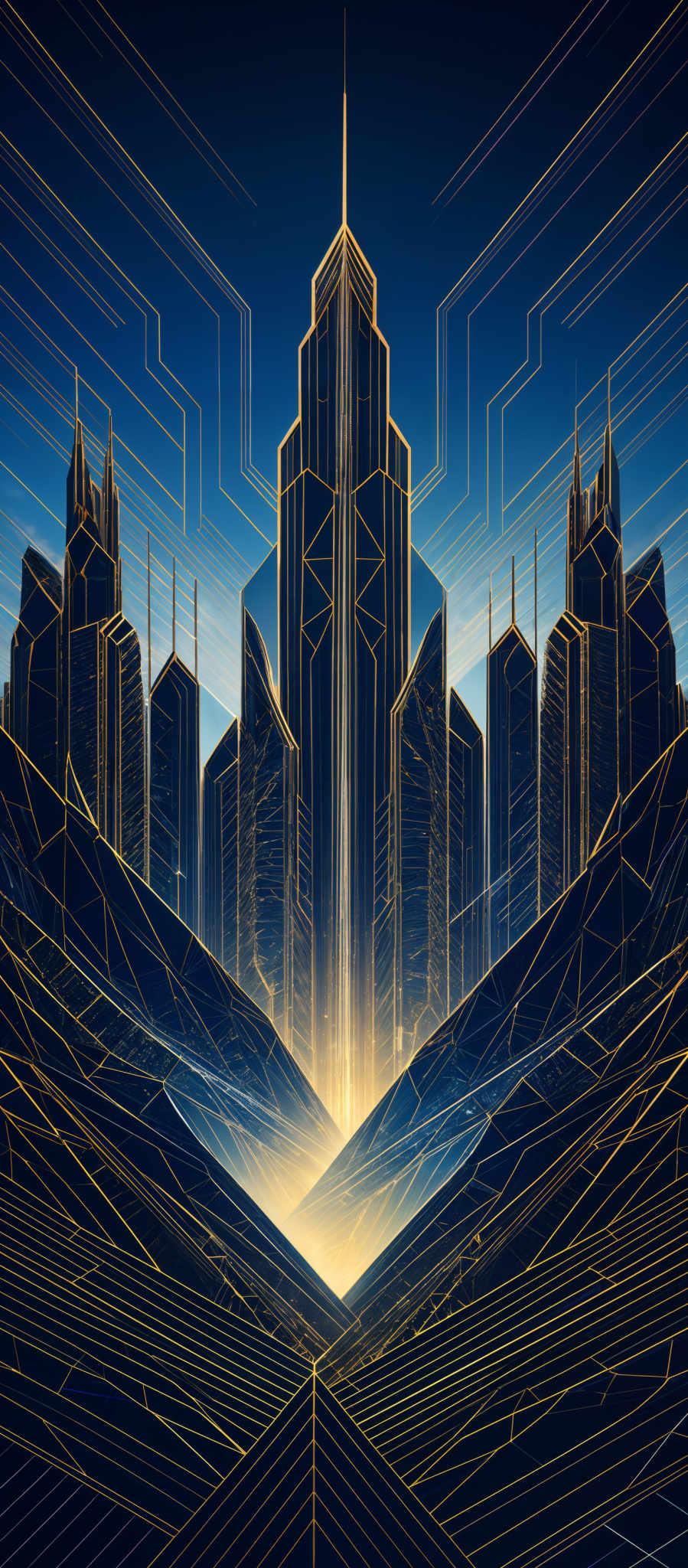 The image showcases a stunning digital artwork of a futuristic cityscape. Dominating the scene is a towering skyscraper with intricate geometric designs, set against a backdrop of radiant blue skies. The city is surrounded by a series of other towering structures, all of which are outlined with golden lines. These lines create a sense of depth and dimension, giving the city a three-dimensional appearance. The foreground features a series wavy, golden patterns that seem to flow into the city, adding to the overall aesthetic of the artwork.