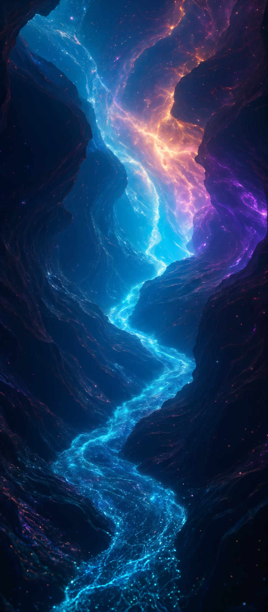 The image showcases a mesmerizing cosmic landscape. It features a winding pathway of vibrant blue and turquoise lights, reminiscent of a river or stream, flowing through a canyon-like structure. The walls of this canyons are adorned with swirling patterns of purple, pink, and orange hues, giving the impression of a nebulous, gaseous environment. Above, the sky is a deep blue, dotted with numerous tiny, glowing white specks, possibly representing distant stars or galaxies. The overall ambiance is one of wonder, mystery, and the vastness of the universe.