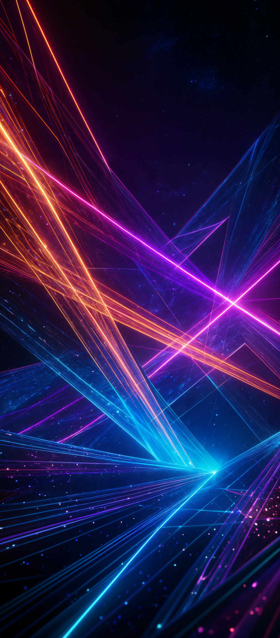 The image showcases a vibrant and dynamic digital artwork. It features a myriad of neon-colored lines crisscrossing in intricate patterns. The predominant colors are shades of blue, pink, and orange. The lines form intersecting patterns, creating a sense of depth and dimension. The background is dark, possibly representing a night sky or space, with scattered bright dots, possibly stars or distant galaxies.