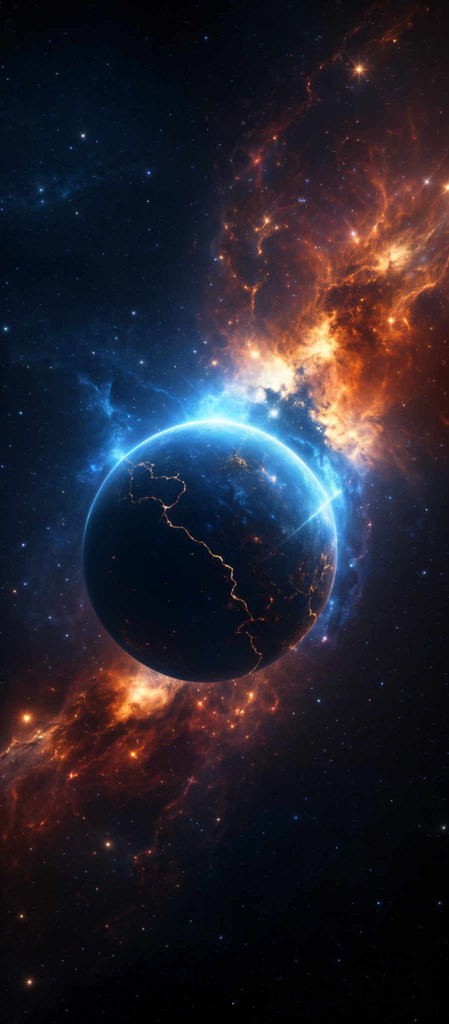 The image showcases a celestial scene with a planet at its center. The planet appears to be Earth, with visible continents and oceans. Surrounding the planet is a vibrant display of cosmic phenomena, including nebulae, stars, and radiant energy beams. The colors range from deep blues and blacks in the outer space to fiery oranges, reds, and yellows in the nebular regions. The overall shape is a mix of spherical for the planet and dynamic, swirling patterns for the surrounding cosmic matter.