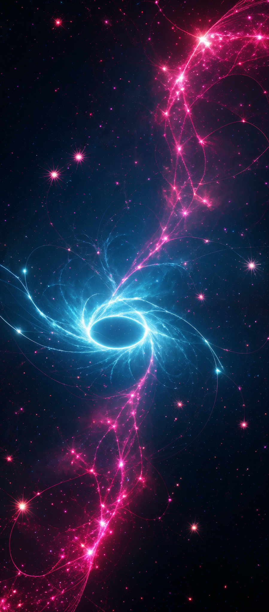 The image showcases a vibrant cosmic scene with a deep blue background dotted with numerous bright stars. At the center, there's a swirling vortex or black hole, emanating a brilliant white light. Surrounding this central formation are intricate patterns of pink and red nebulous structures, intertwined with bright streaks of light. These structures give the impression of dynamic energy and movement, reminiscent of galaxies or interstellar phenomena.