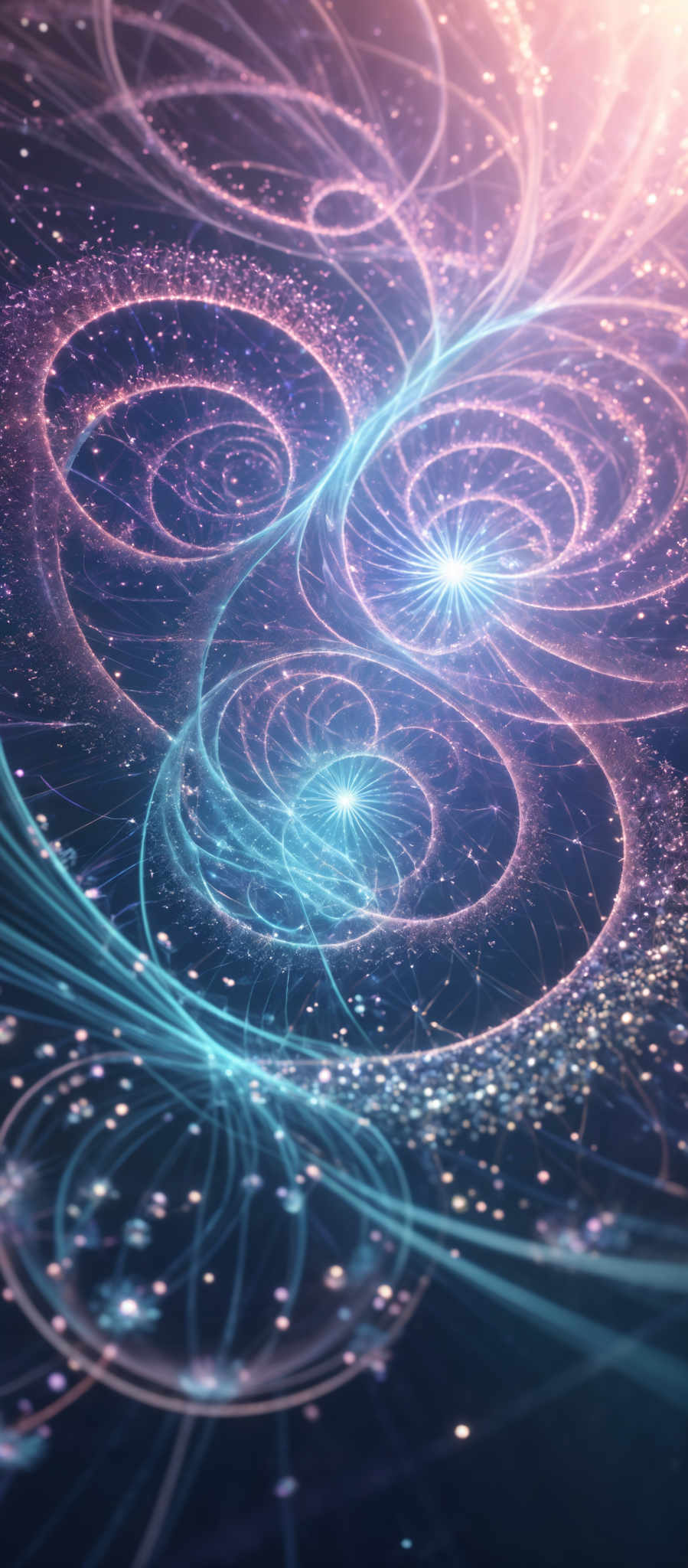 The image showcases a vibrant and intricate pattern of swirling lines and patterns. The dominant colors are shades of blue, pink, and purple, creating a mesmerizing and ethereal effect. The swirls are intricate, resembling the motion of galaxies or the flow of water, and they seem to be intertwined with each other, creating an almost dreamlike atmosphere.