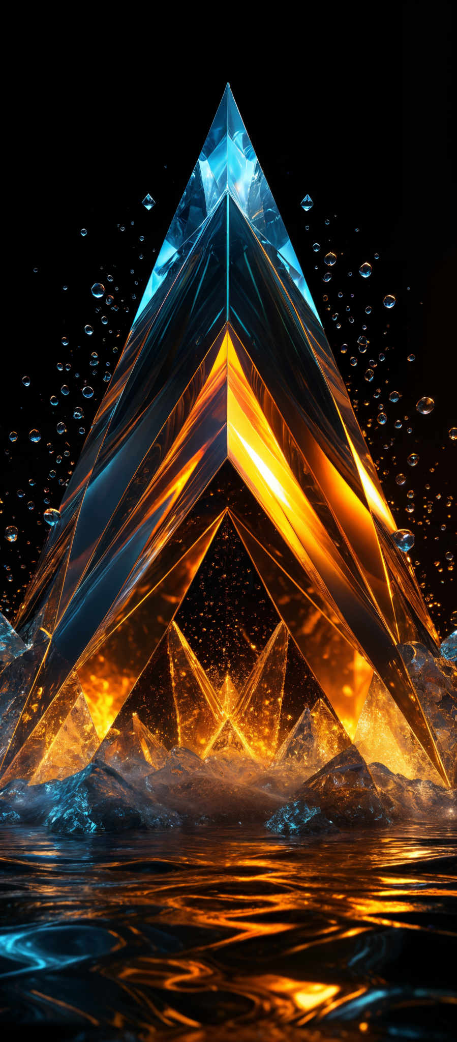 The image showcases a 3D geometric structure that resembles a pyramid or prism. It is split into two main sections: one that emanates a cool blue glow and another that radiates a warm, fiery orange-yellow hue. The structure is surrounded by a myriad of smaller, glowing particles or droplets that are dispersed throughout the background. These particles reflect light, creating a mesmerizing effect. The base of the structure appears to be submerged in a liquid, which further enhances the reflective properties of the image, as it mirrors the colors and shapes from above.