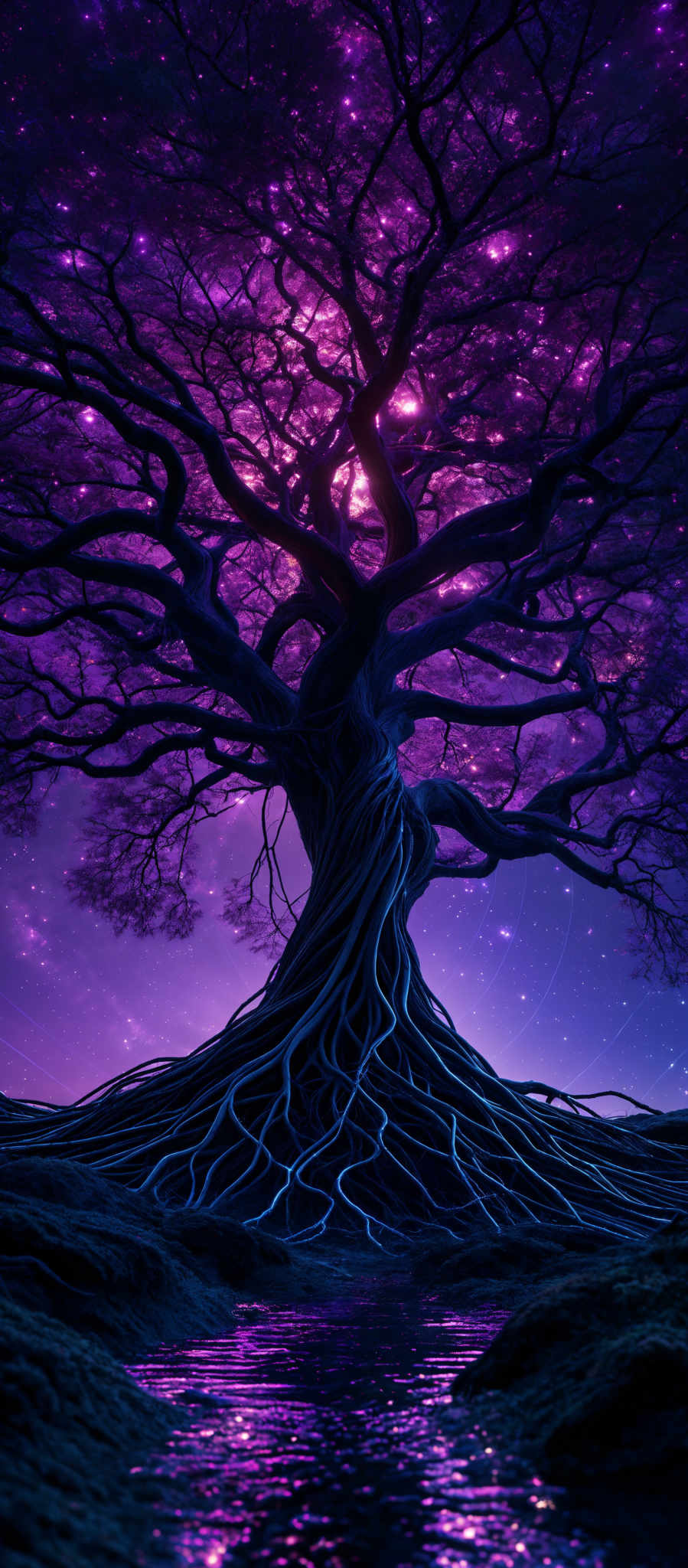 The image showcases a large, twisted tree with sprawling branches. The tree's roots are prominently displayed, extending outwards and intertwining with one another. The foliage of the tree is illuminated in a vibrant shade of purple, giving it a mystical appearance. The background is dominated by a deep purple sky filled with stars, creating a surreal and dreamy atmosphere. The reflection of the trees and stars can be seen in the water below, adding depth to the scene.