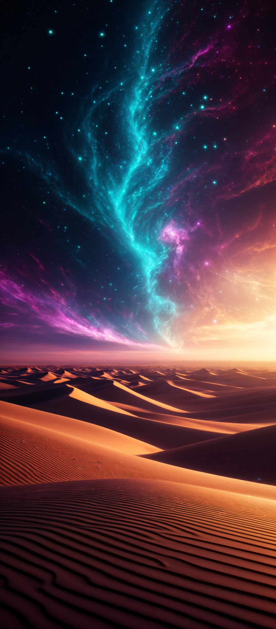 The image showcases a vast desert landscape with undulating sand dunes. The sky above is a breathtaking display of vibrant colors, predominantly shades of blue, purple, and pink, interspersed with bright stars. The celestial display seems to be a nebula or a galaxy, casting a mesmerizing glow over the desert below. The sun's rays pierce through the horizon, casting an orange hue over the sand, creating a stark contrast between the warmth of the desert and the coolness of the cosmic display above.